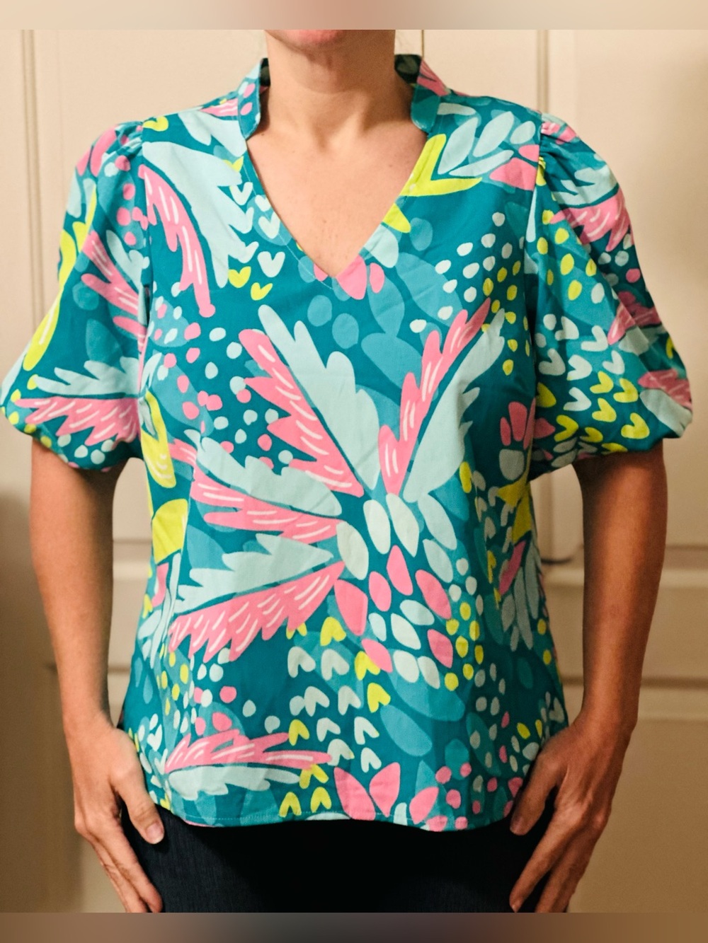 Teal Floral V-Neck Puff Sleeve Blouse
